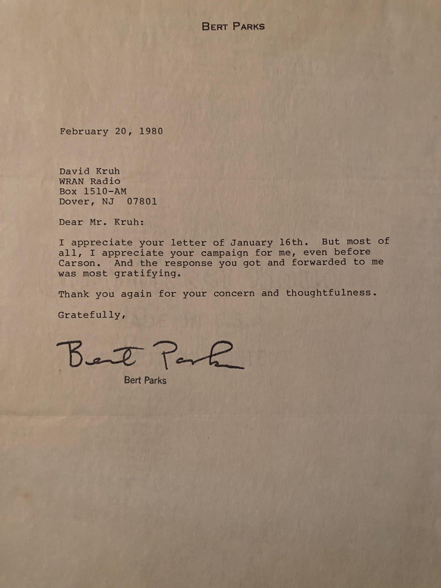 Bert Parks letter to David Kruh